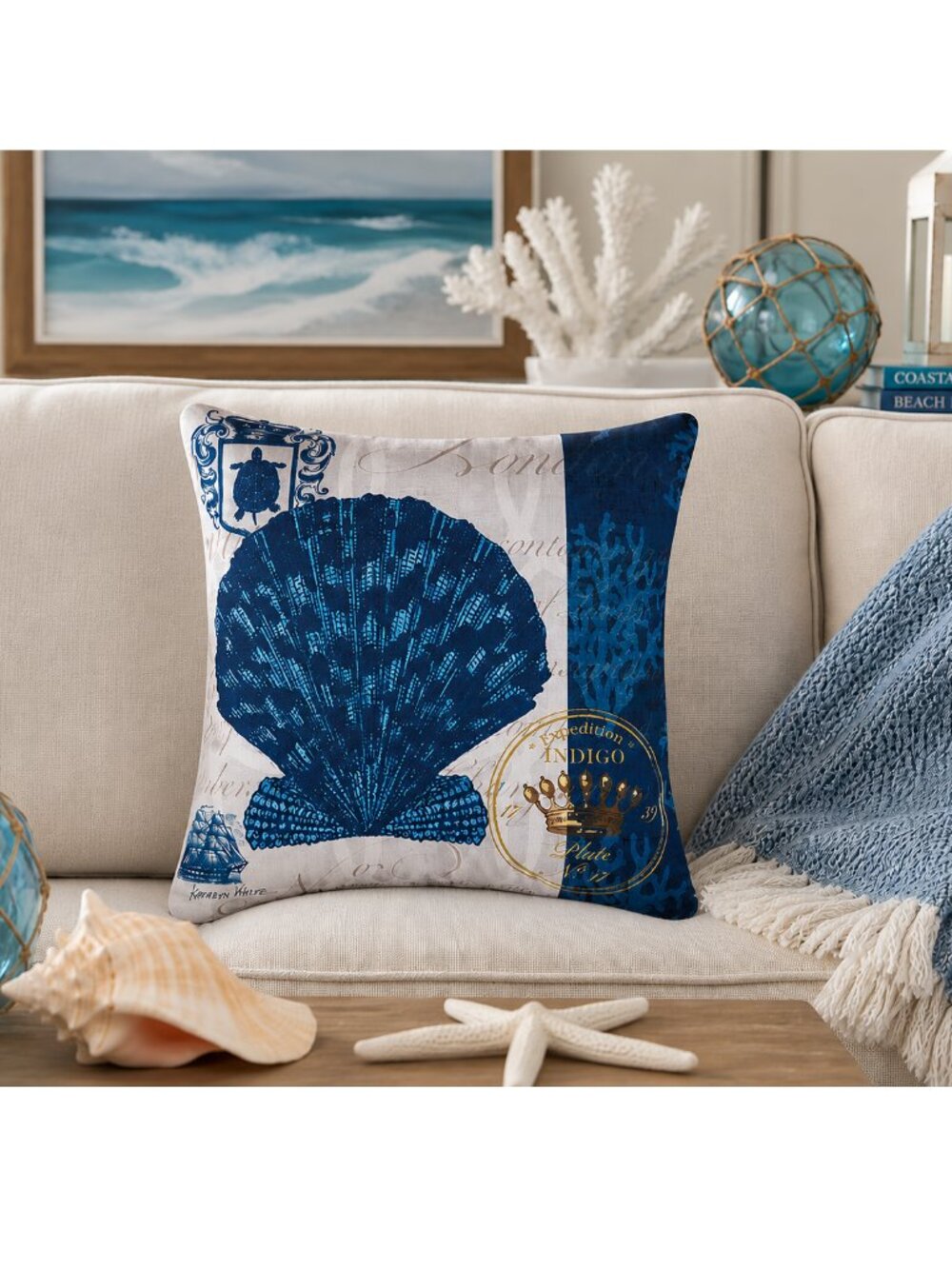 Indigo Blue Scallop Shell Indoor / Outdoor 18 x 18 Pillow by Kathryn White